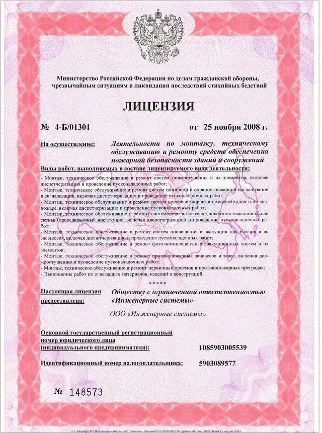 Лицензия МЧС России № 4-Б/01301 от 25 ноября 2008 г.